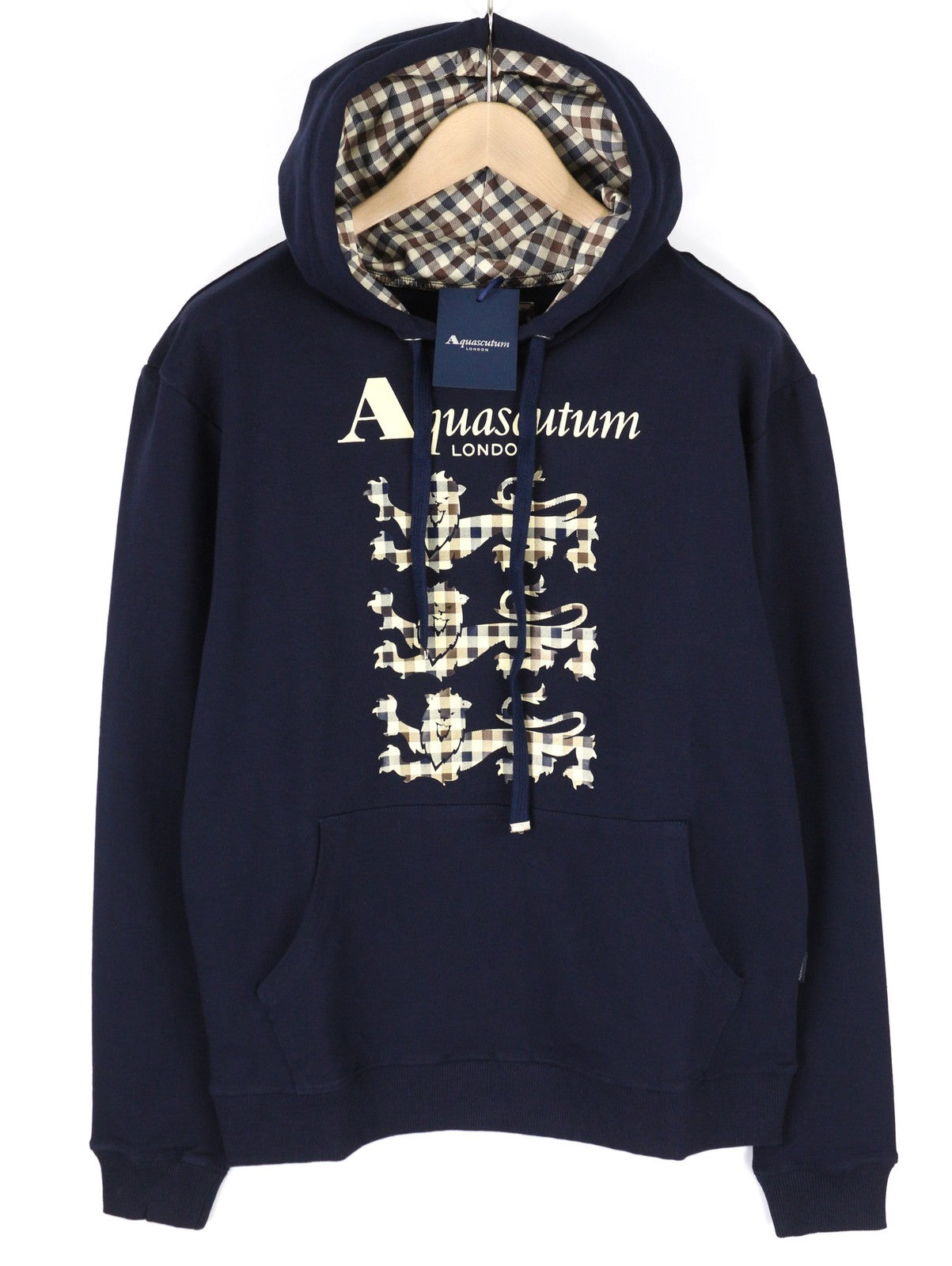 AQUASCUTUM FCIA21 Men Hoodie M Blue Kangaroo Pocket Hooded Pullover Straps Logo