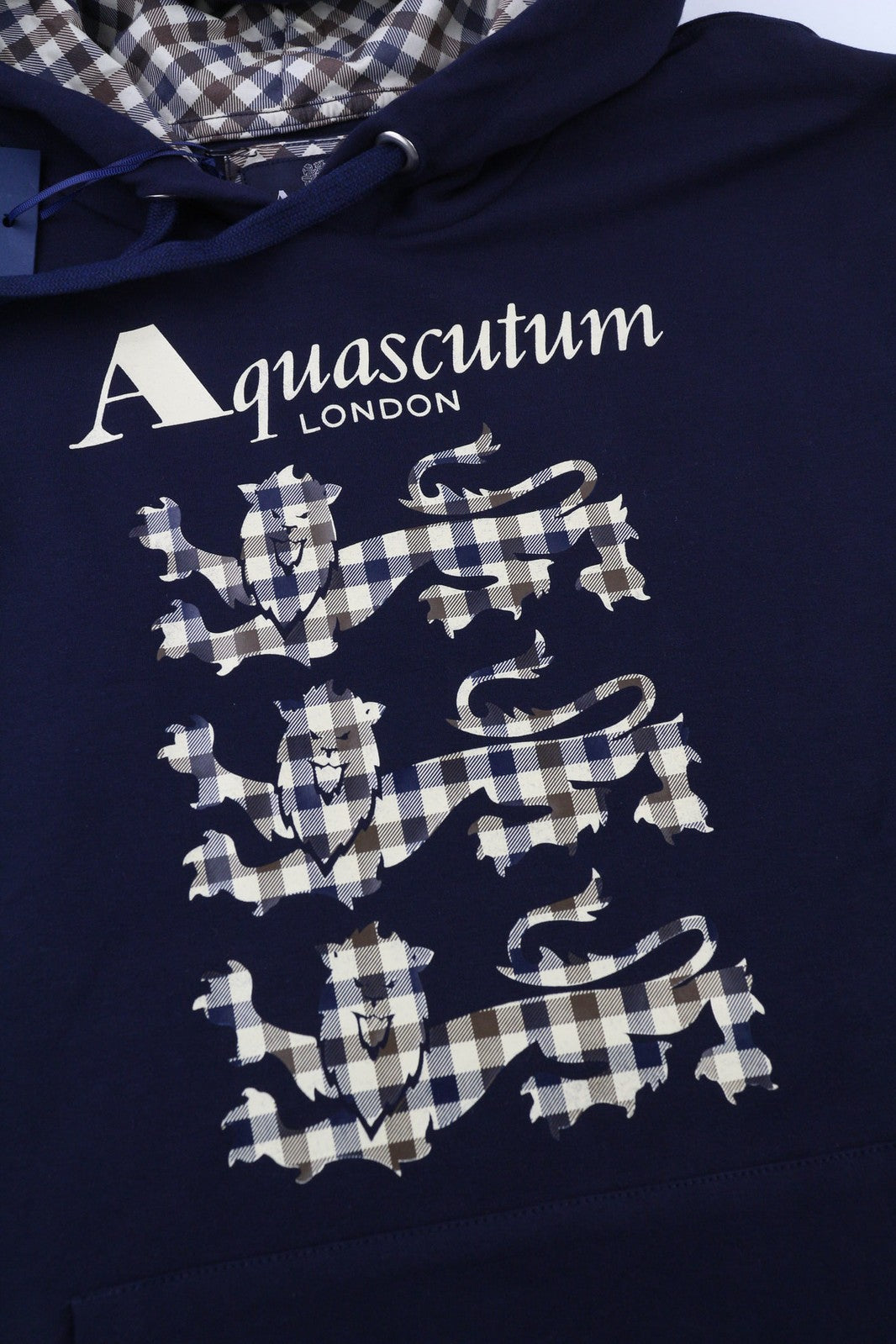 AQUASCUTUM FCIA21 Men Hoodie M Blue Kangaroo Pocket Hooded Pullover Straps Logo