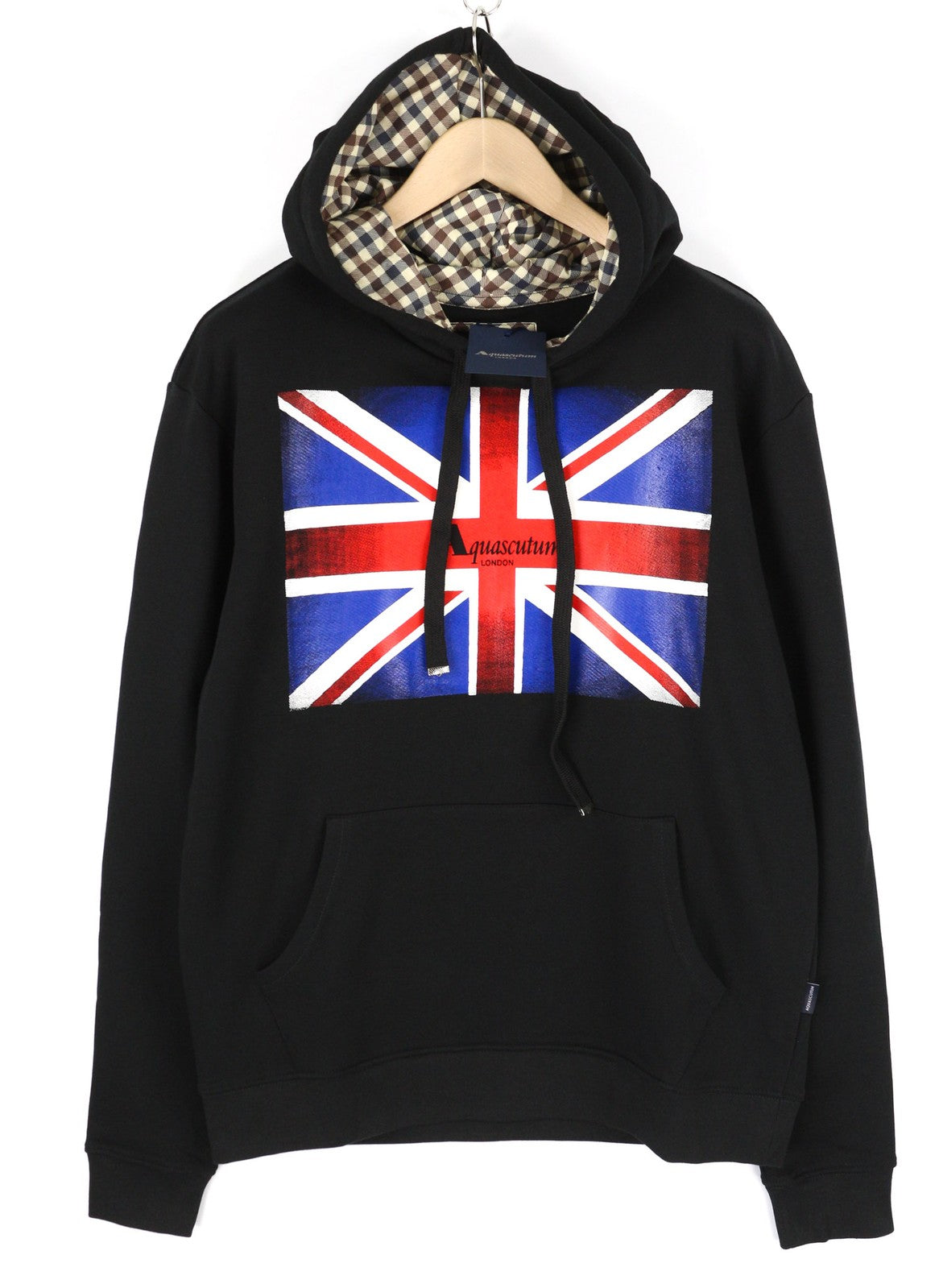 AQUASCUTUM FAI003 Men Hoodie L Black Kangaroo Pocket Hooded Pullover Straps Logo