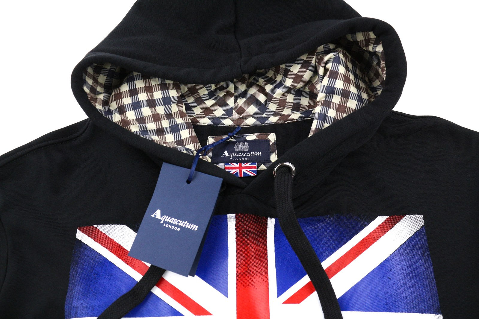 AQUASCUTUM FAI003 Men Hoodie L Black Kangaroo Pocket Hooded Pullover Straps Logo