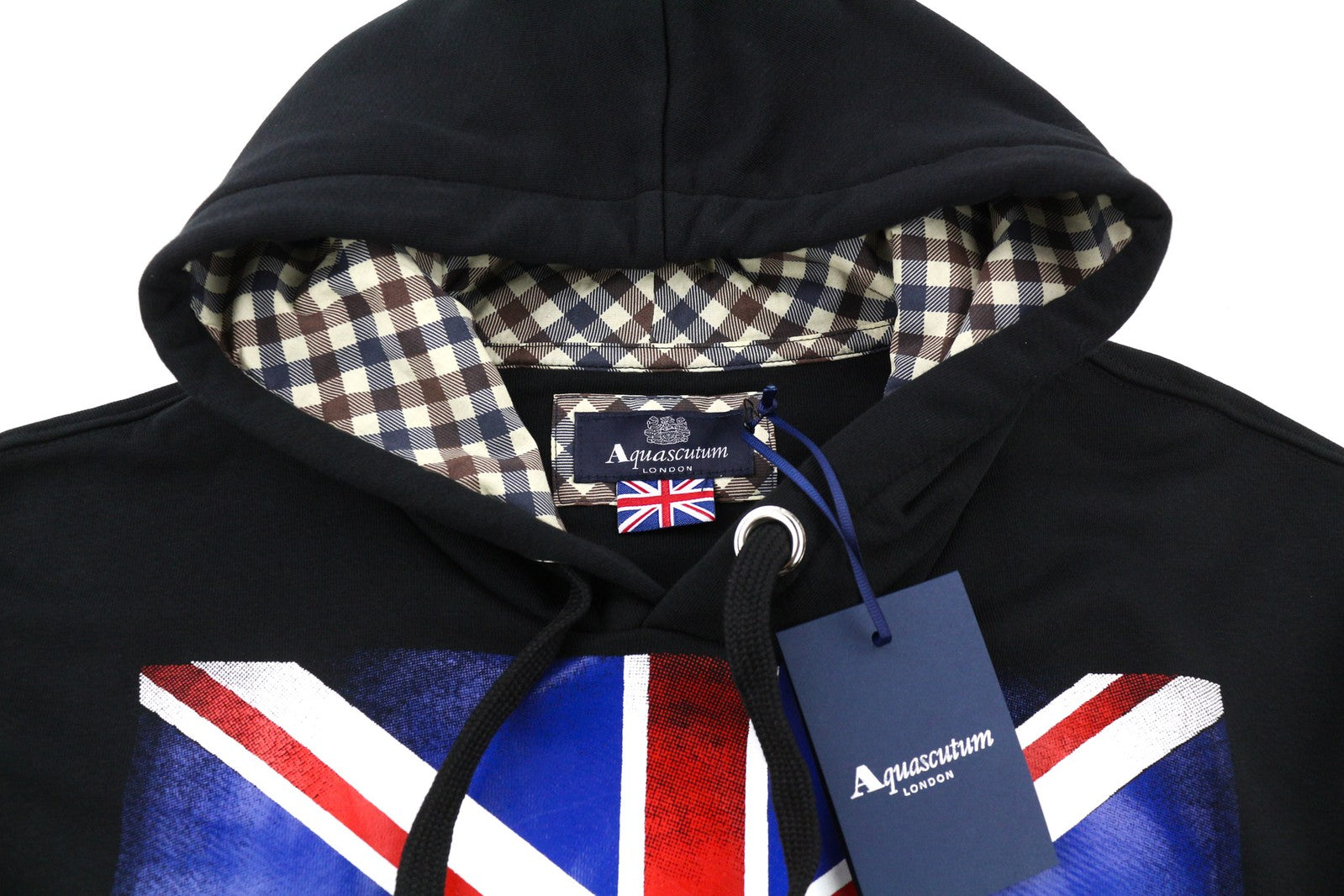 AQUASCUTUM FAI003 Men Hoodie M Black Kangaroo Pocket Hooded Pullover Straps Logo