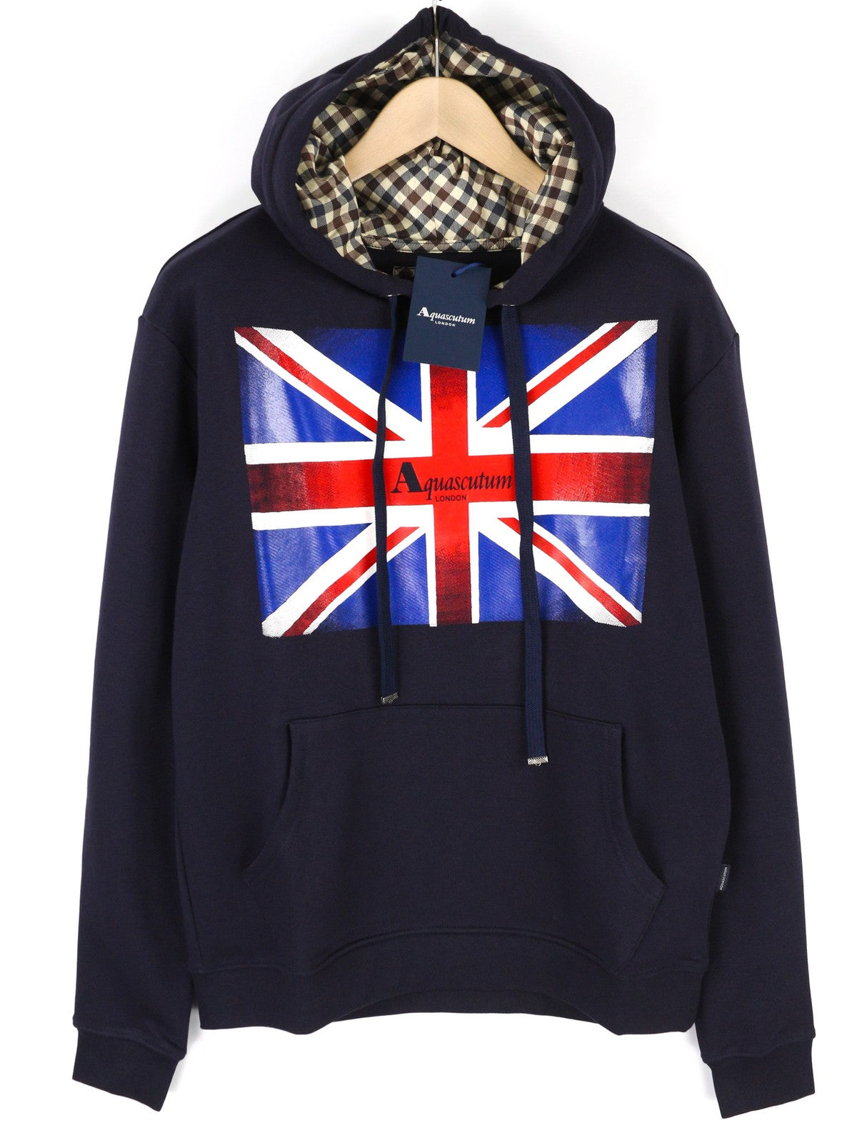 AQUASCUTUM FAI003 Men Hoodie M Blue Kangaroo Pocket Hooded Pullover Straps Logo