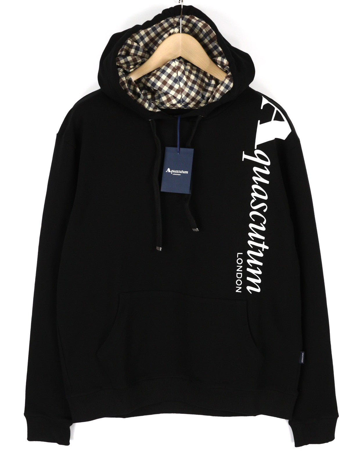 AQUASCUTUM FCIA18 Men Hoodie L Black Kangaroo Pocket Hooded Pullover Straps Logo