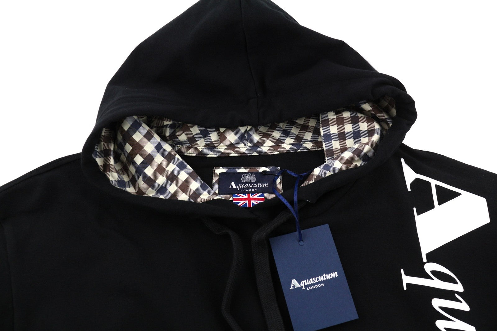 AQUASCUTUM FCIA18 Men Hoodie L Black Kangaroo Pocket Hooded Pullover Straps Logo