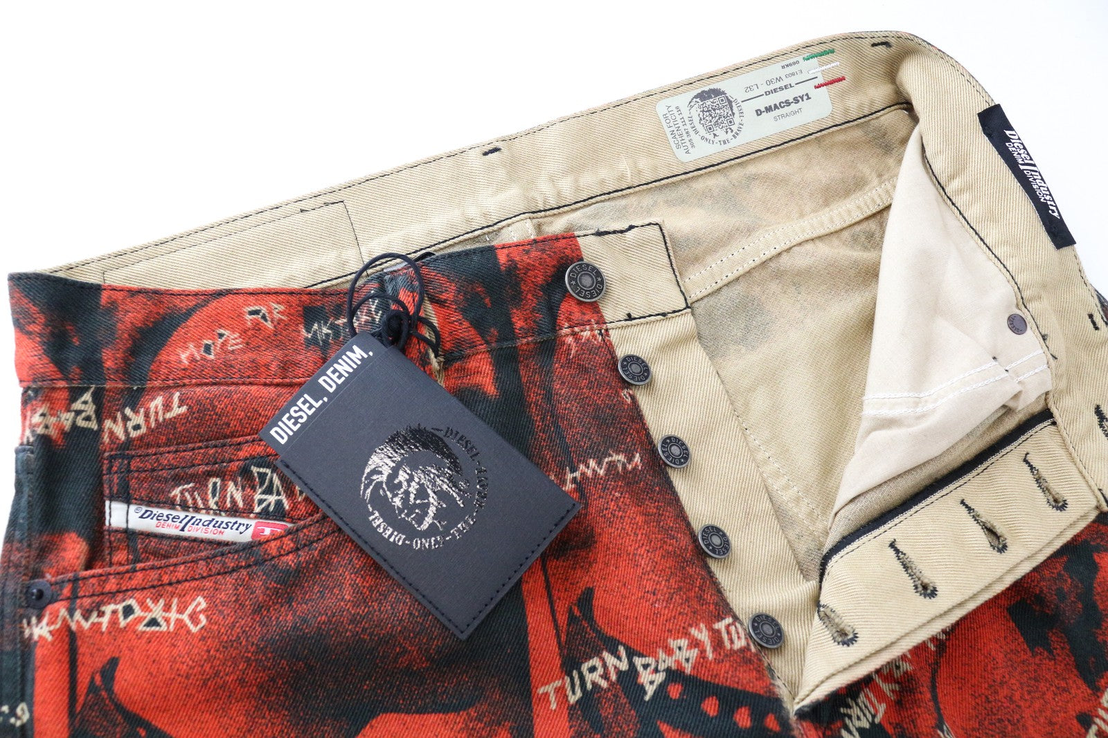 DIESEL D-Macs-SY1 069KR W30 L32 Men's Red Cotton Straight Fit Patterned Jeans