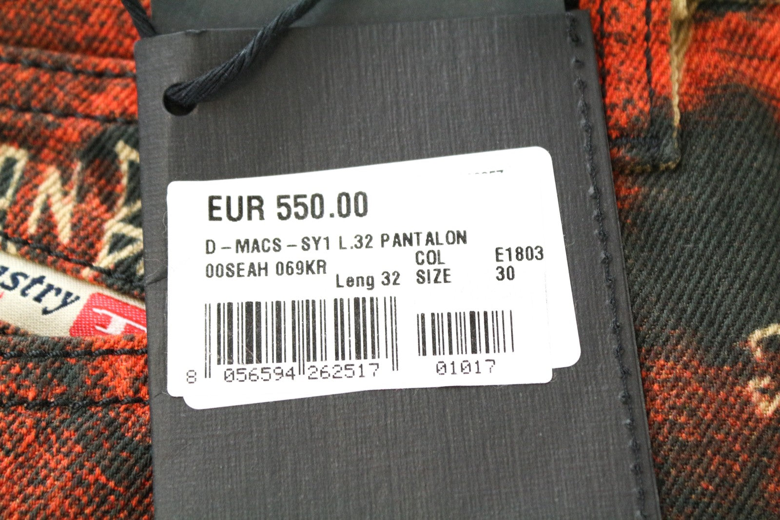 DIESEL D-Macs-SY1 069KR W30 L32 Men's Red Cotton Straight Fit Patterned Jeans