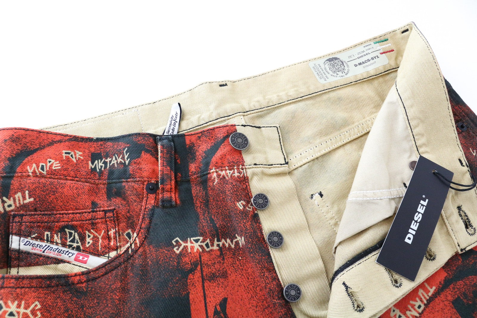 DIESEL D-Macs-SY1 069KR Men's Red Cotton Straight Jeans W32 L32 5-Pocket Pattern