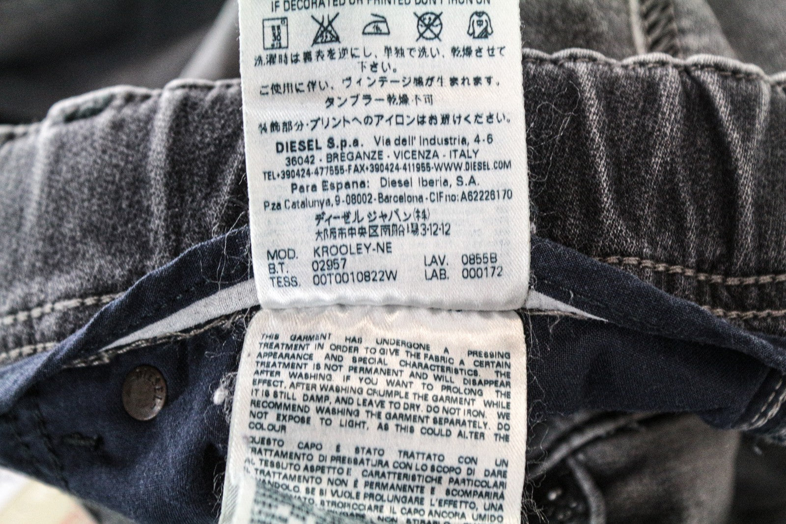 DIESEL Krooley-NE 0855B W38 Men's Grey Sweat Jogg Jeans Slim Carrot Zip Melange