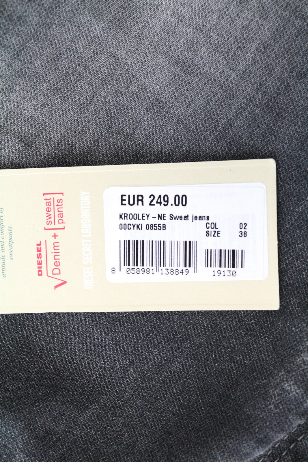 DIESEL Krooley-NE 0855B Men's Jogg Denim W38 Grey Carrot Fit Sweat Melange