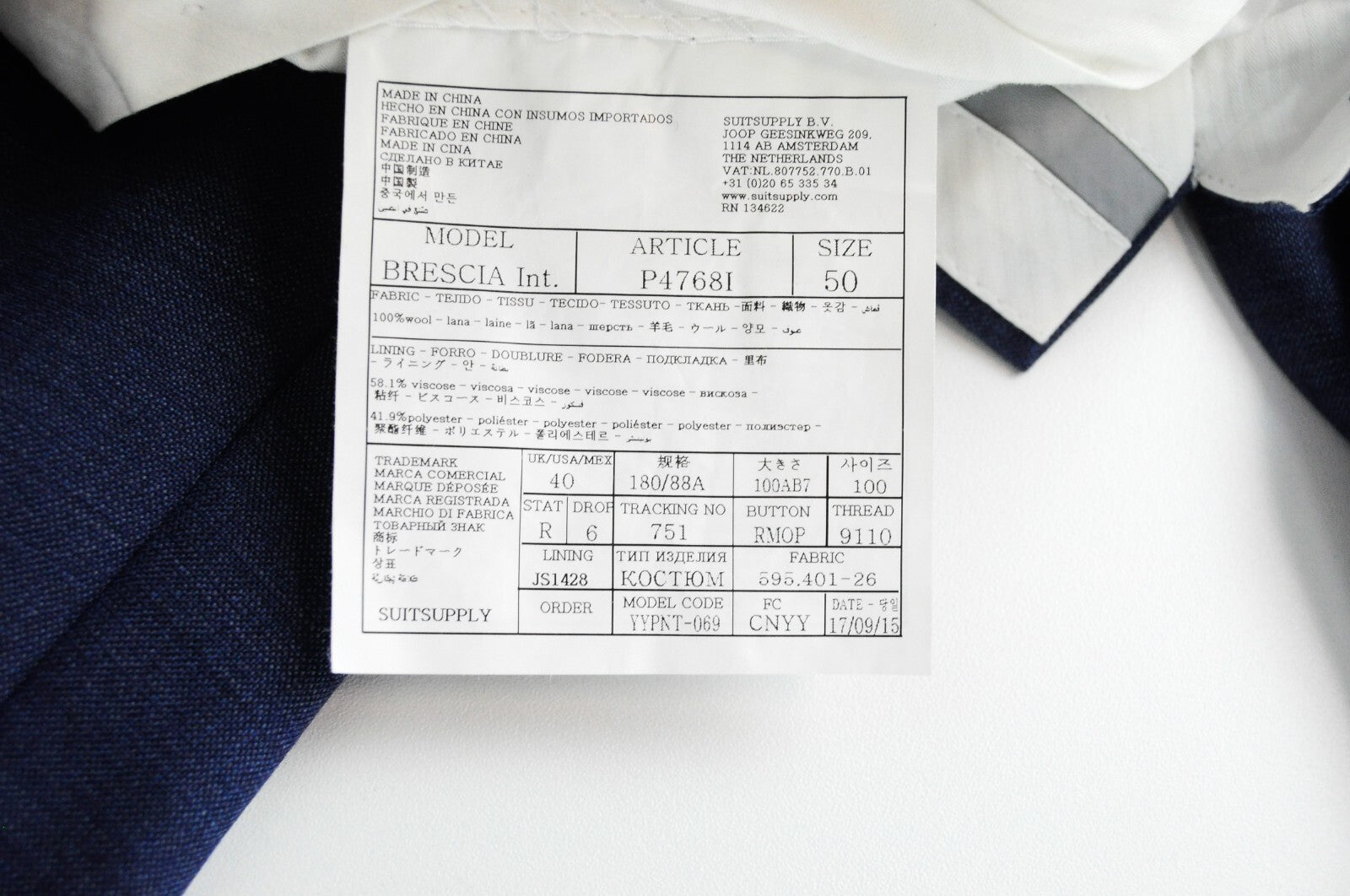 SUITSUPPLY Lazio Men's Suit UK40R Blue Wool Two Piece Slim Formal Cut