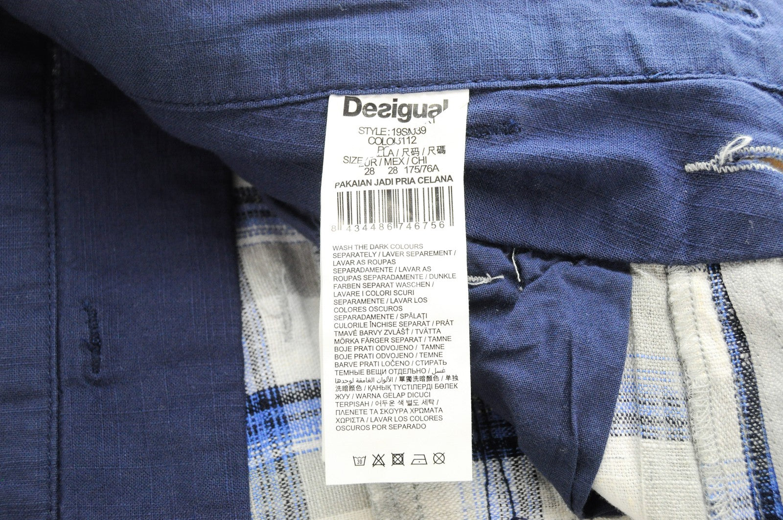 DESIGUAL Pant Paul Men's Shorts 28 Linen Cotton Blend Checked Cargo Style