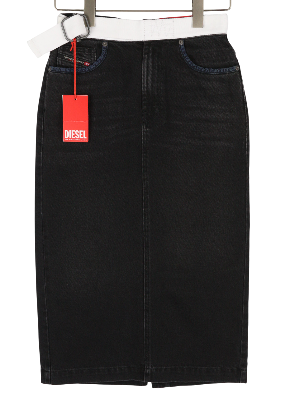 DIESEL De-Ronny-Sp Womens Skirt W26 Black Denim Belted Washed Back Split