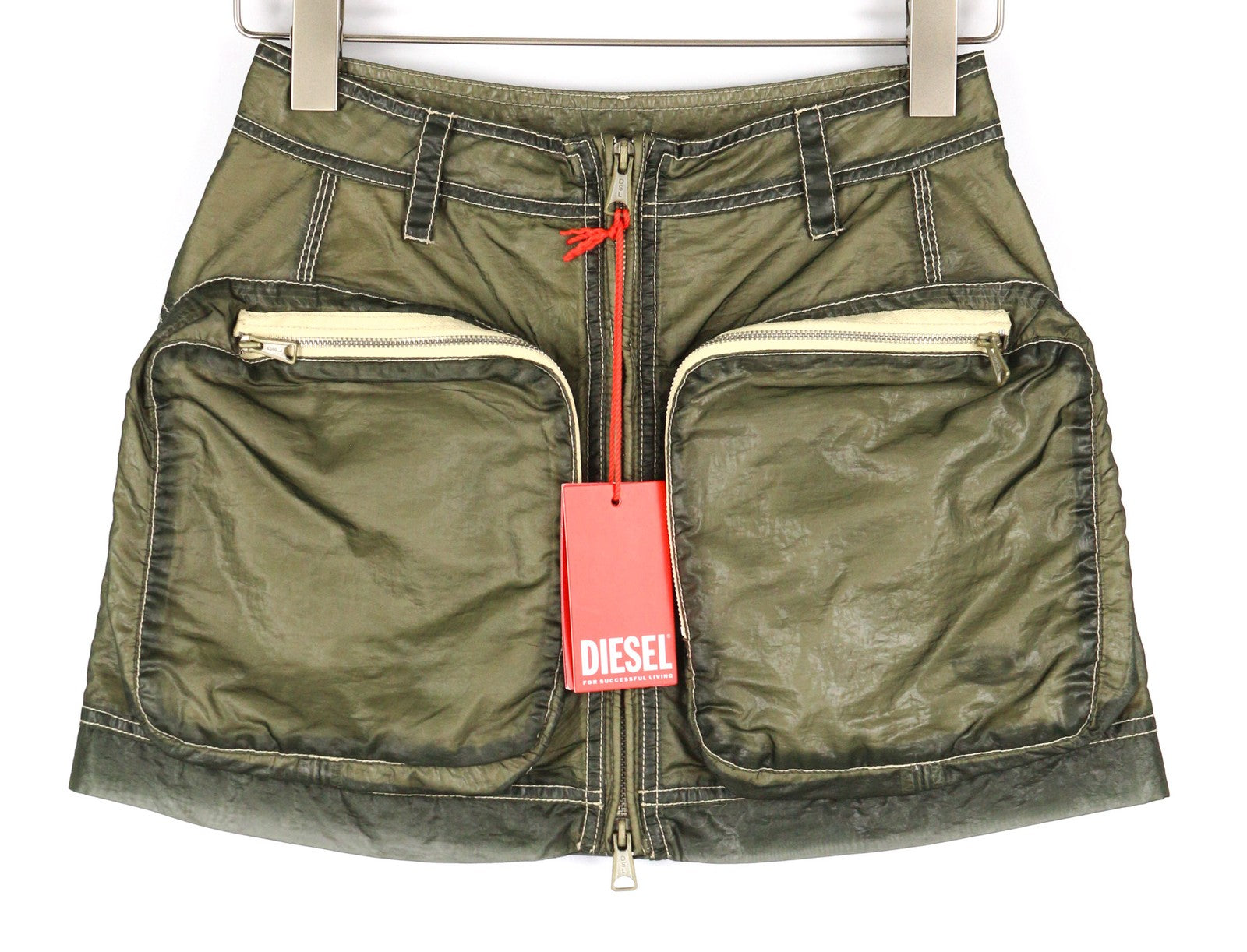 DIESEL O-Kylie-A Womens Skirt W26 Military Green Patch Pockets Zipp Mini RRP€195
