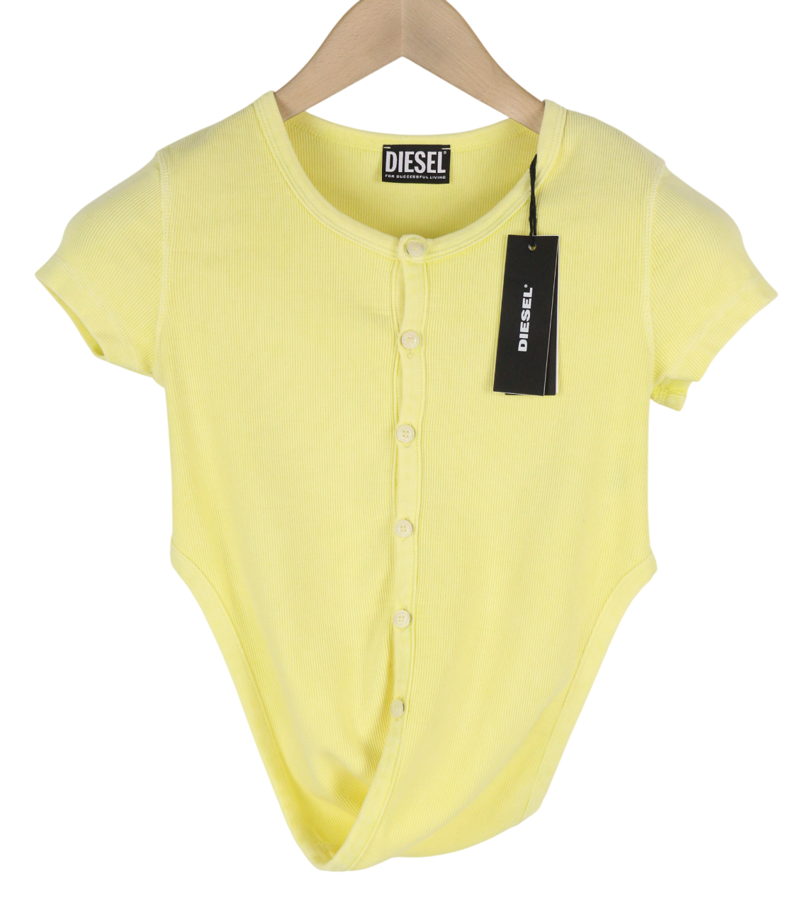 DIESEL T-Holdy Womens T-Shirt with Belt S Yellow Buttoned Crew Collar RRP€300