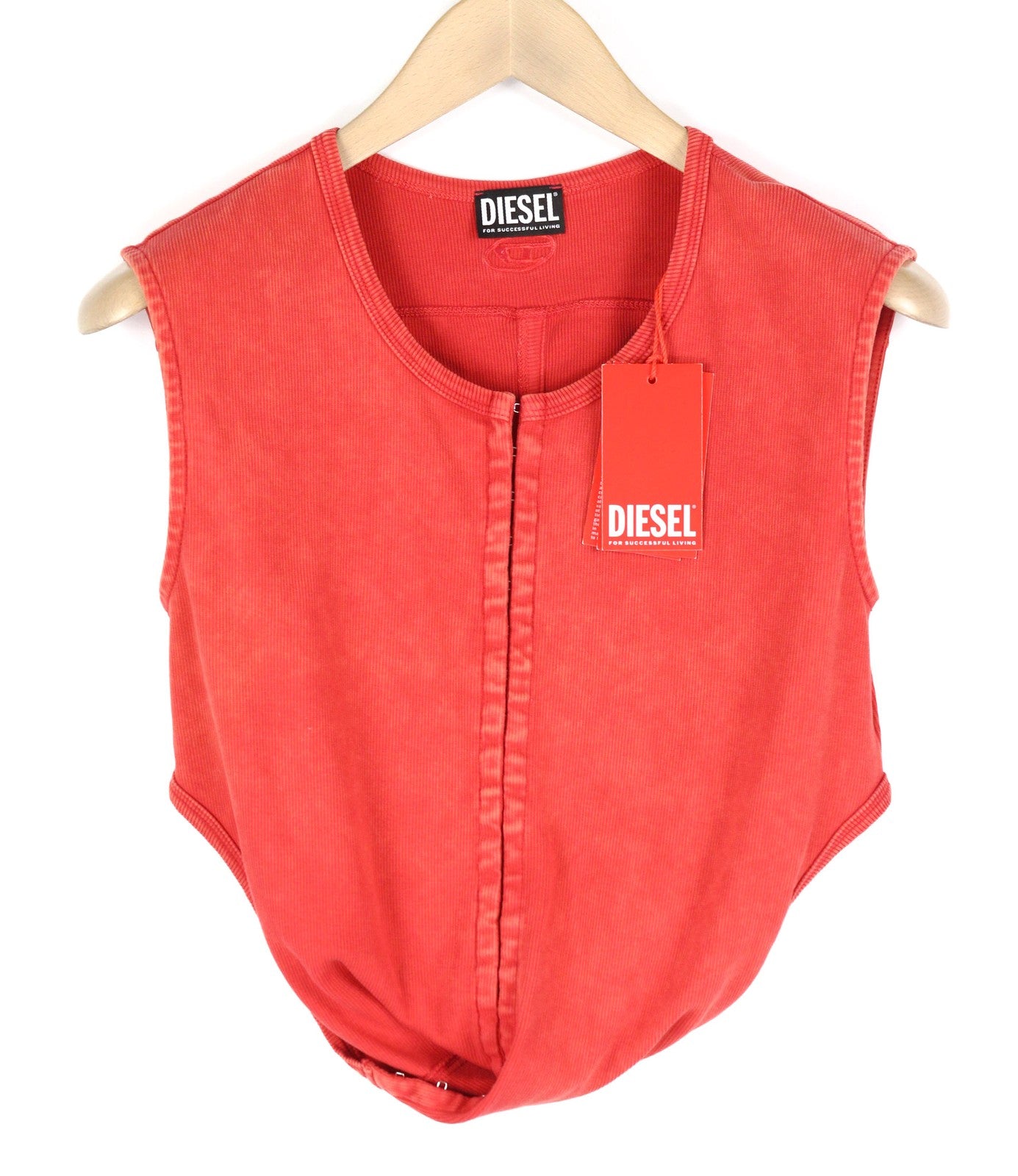 DIESEL T-Holdhook-SL Womens T-Shirt L Red Sleeveless Crew Hook & Eye Closure