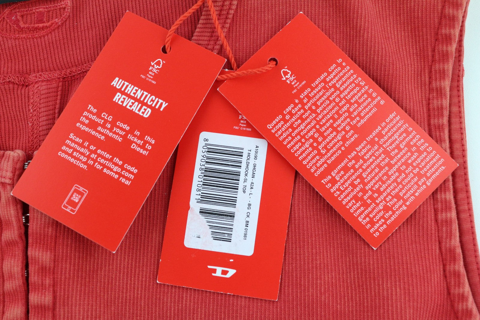 DIESEL T-Holdhook-SL Womens T-Shirt L Red Sleeveless Crew Hook & Eye Closure