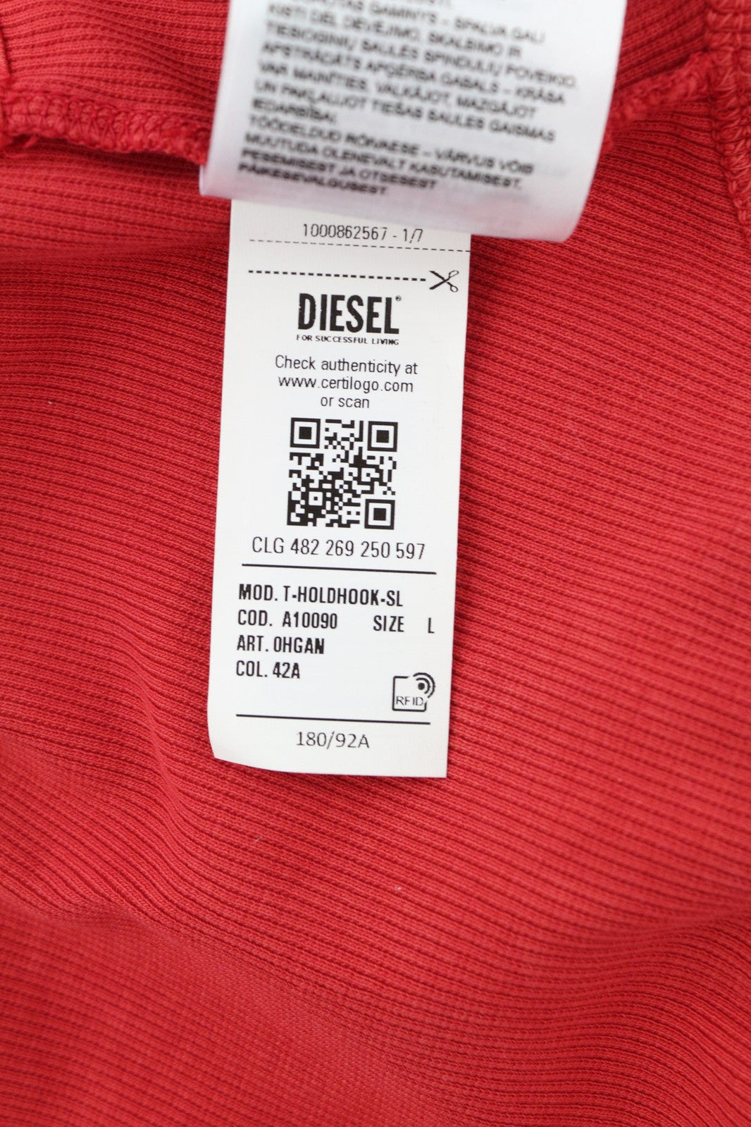 DIESEL T-Holdhook-SL Womens T-Shirt L Red Sleeveless Crew Hook & Eye Closure