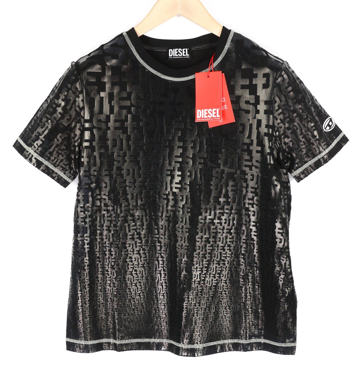 DIESEL T-Reg-Mon Womens T-Shirt M Black Short Sleeve Crew Neck Shiny RRP€125