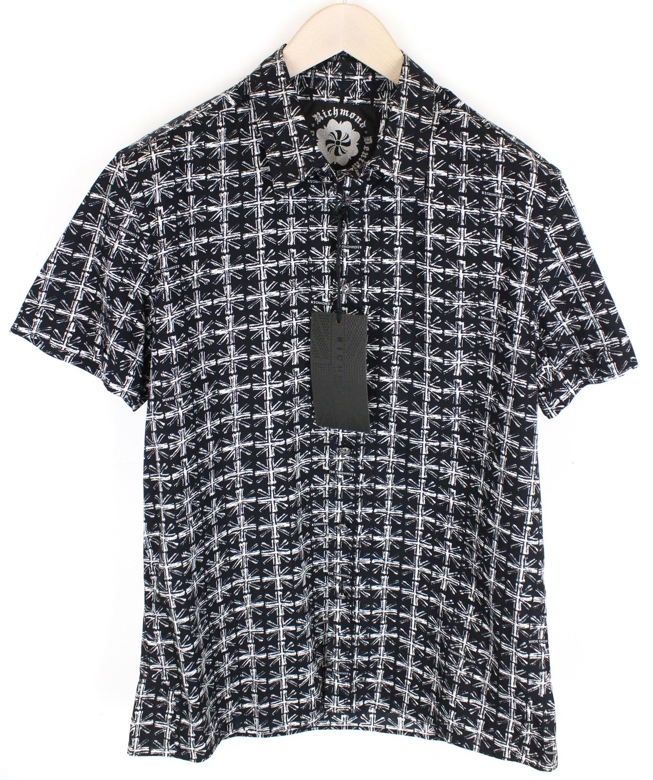RICHMOND Men's T-Shirt L Black Pure Cotton Logo Patterns Short Sleeve Button-Up