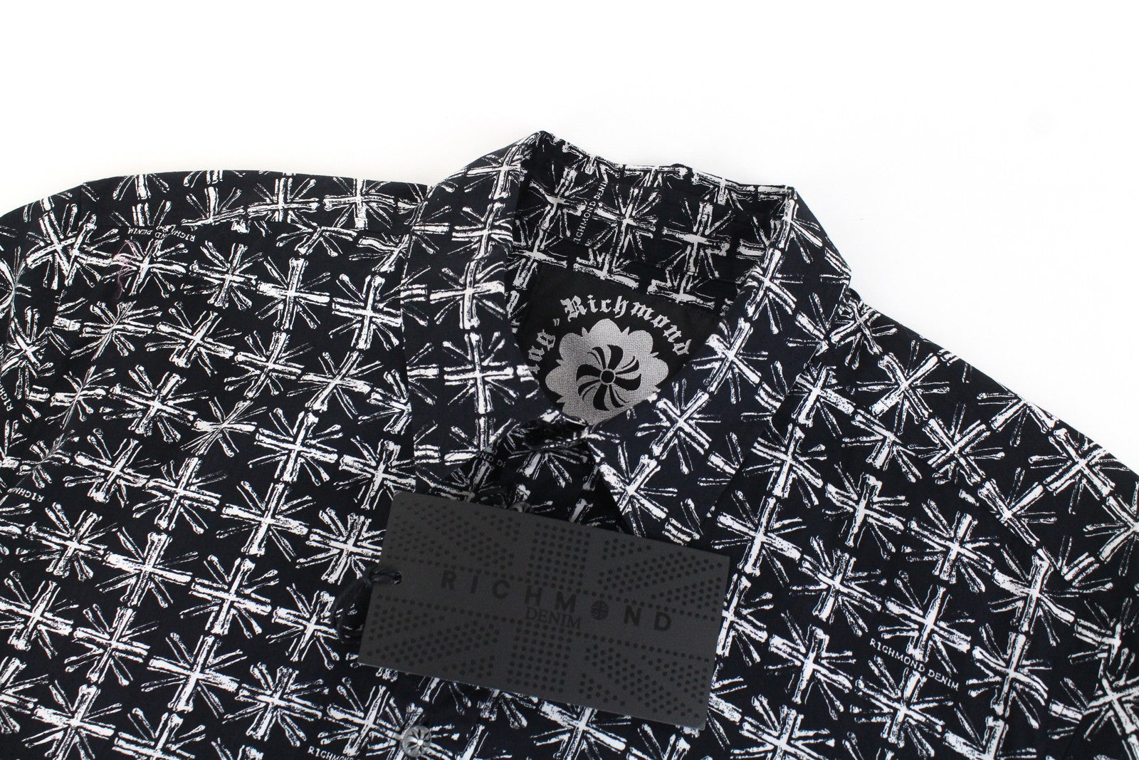 RICHMOND Men's T-Shirt L Black Pure Cotton Logo Patterns Short Sleeve Button-Up