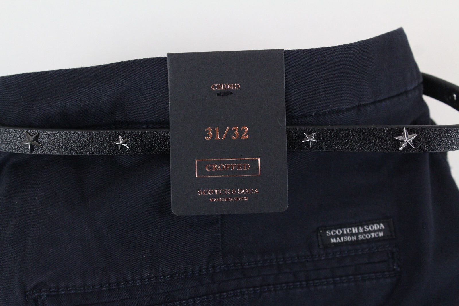 MAISON SCOTCH Women Cropped Trousers W31/L32 Navy Belted Stretch Chino Pants