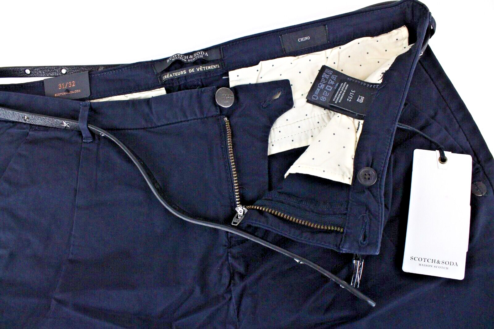 MAISON SCOTCH Women Cropped Trousers W31/L32 Navy Belted Stretch Chino Pants