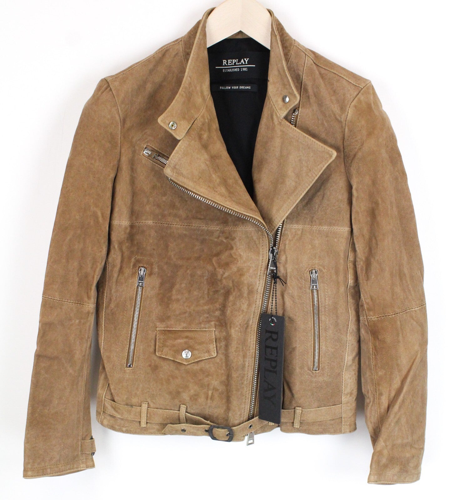 REPLAY Women's Brown Suede Lambskin Jacket XS Long Sleeve Zipped Lined