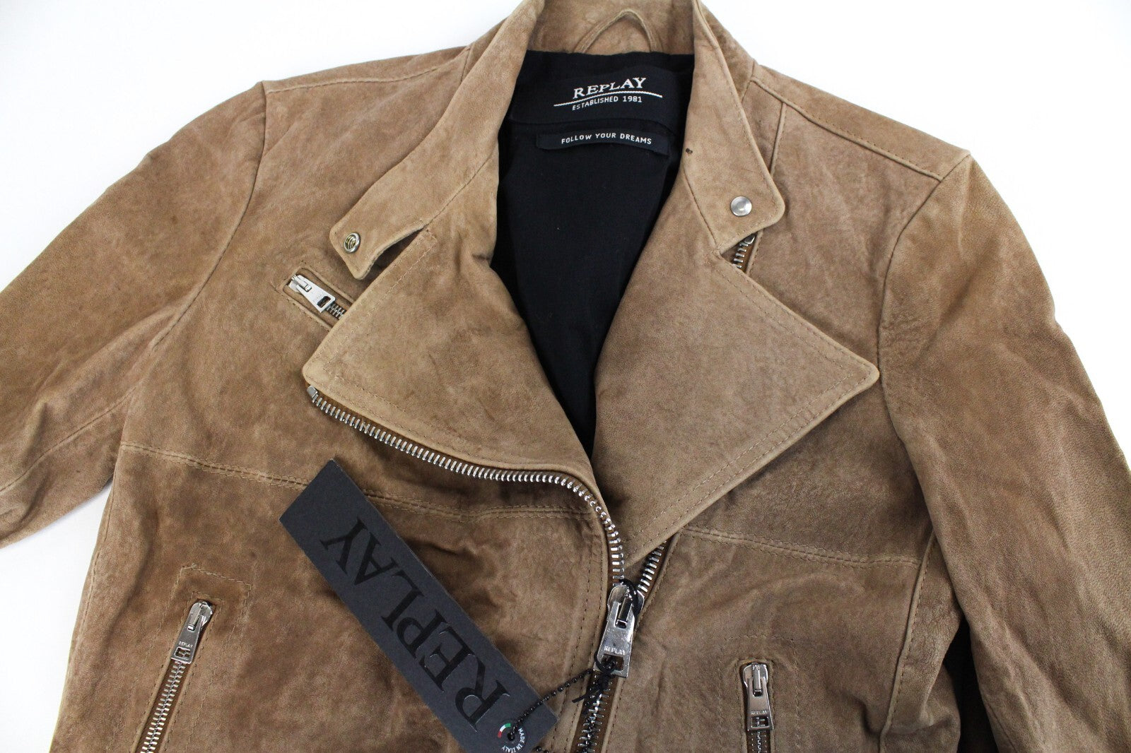 REPLAY Women's Brown Suede Lambskin Jacket XS Long Sleeve Zipped Lined