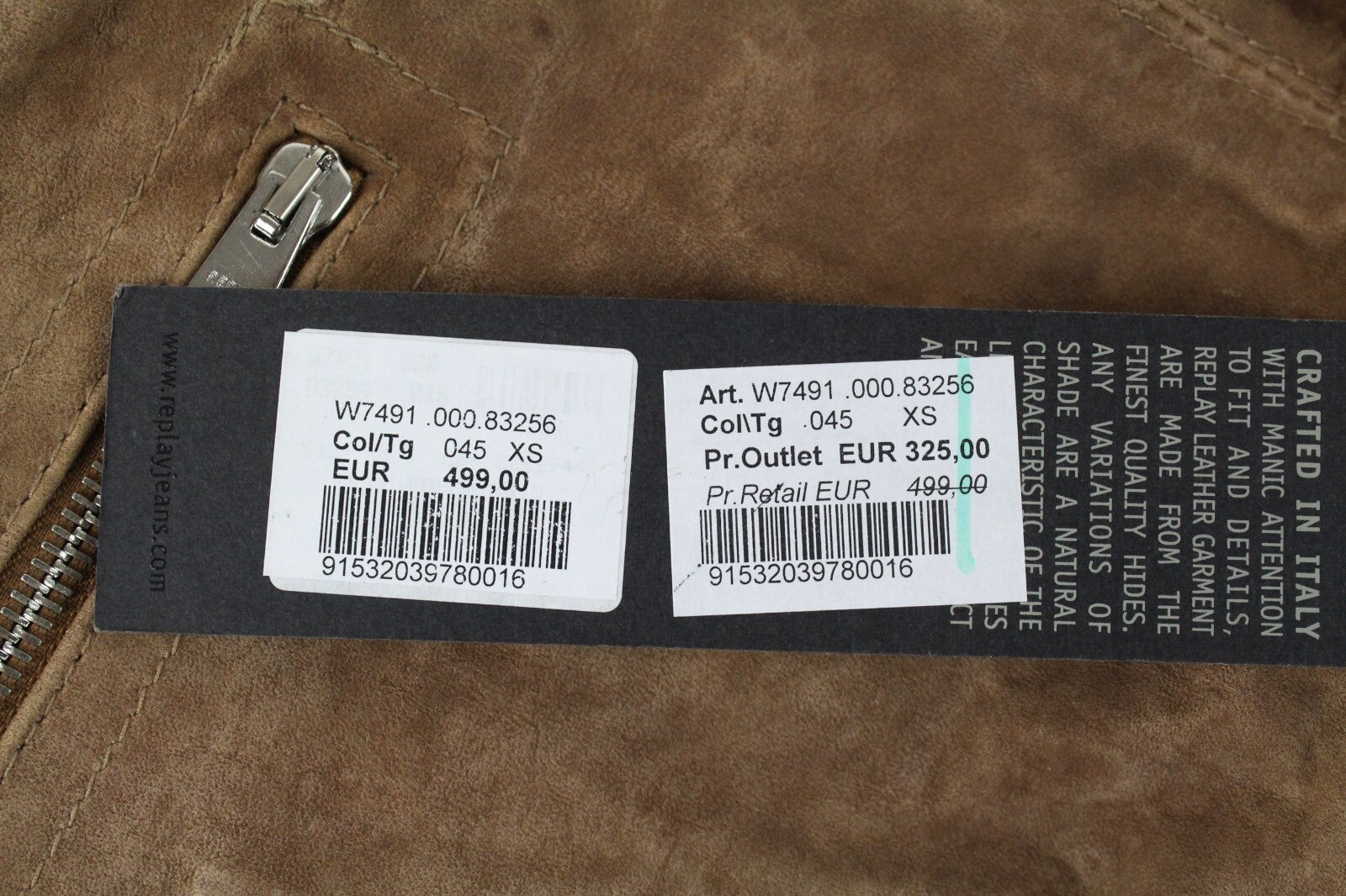 REPLAY Women's Brown Suede Lambskin Jacket XS Long Sleeve Zipped Lined