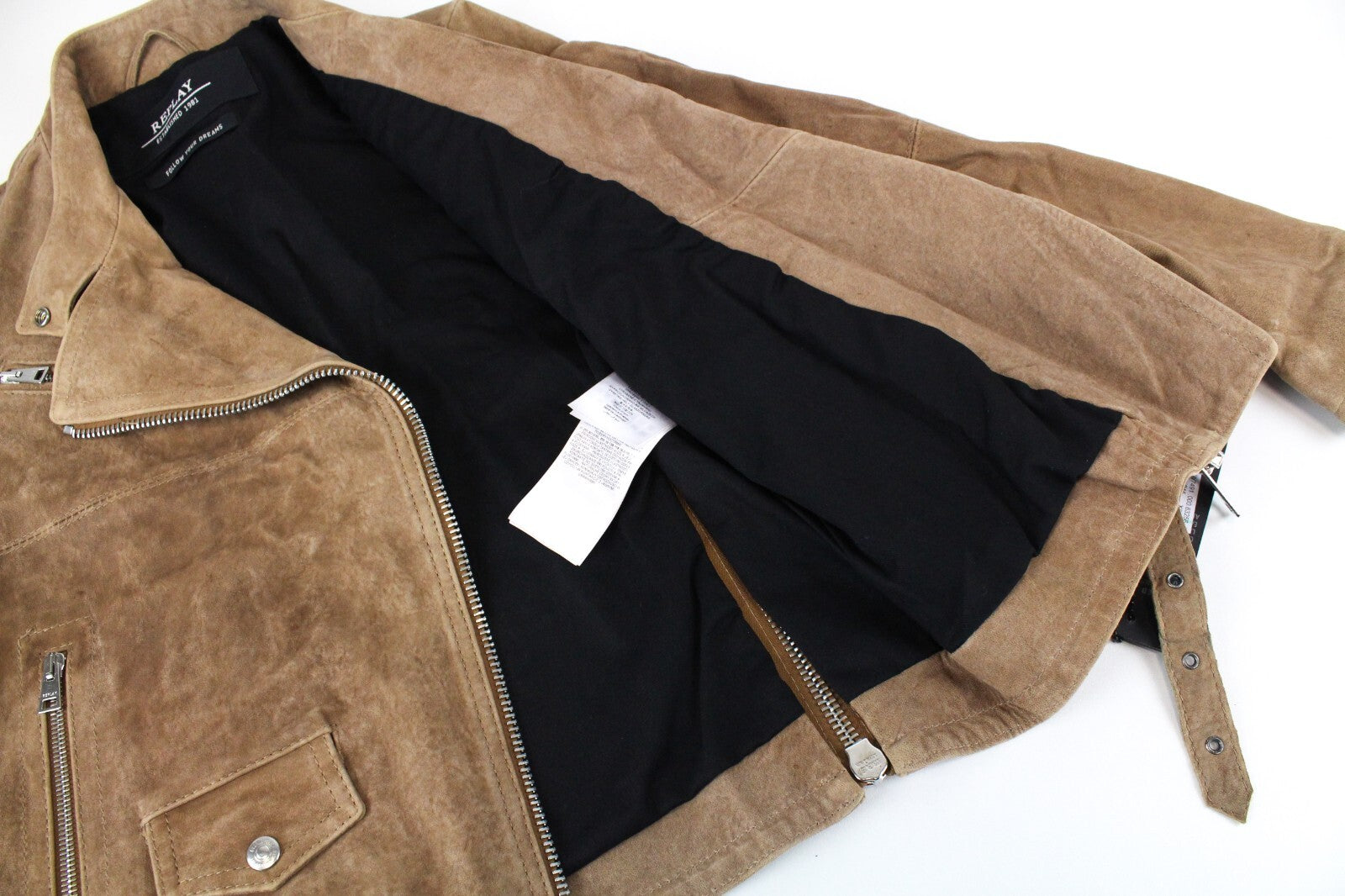 REPLAY Women's Brown Suede Lambskin Jacket XS Long Sleeve Zipped Lined