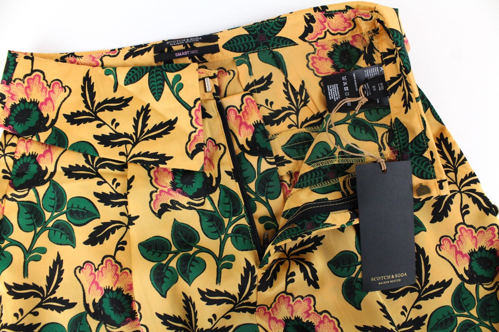 MAISON SCOTCH XS Women Trousers Yellow Floral Pleated Lightweight Cotton