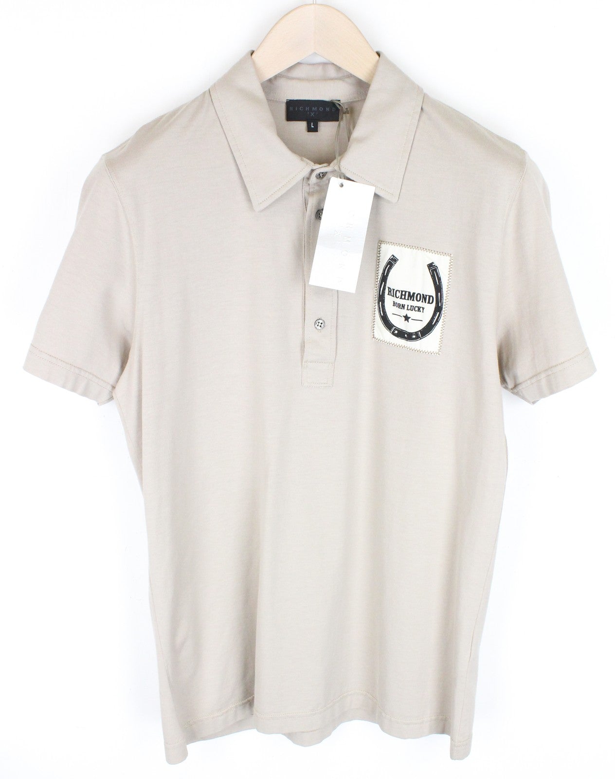 RICHMOND Men's T-Shirt L Beige Pure Cotton Short Sleeved Logo Collared Polo