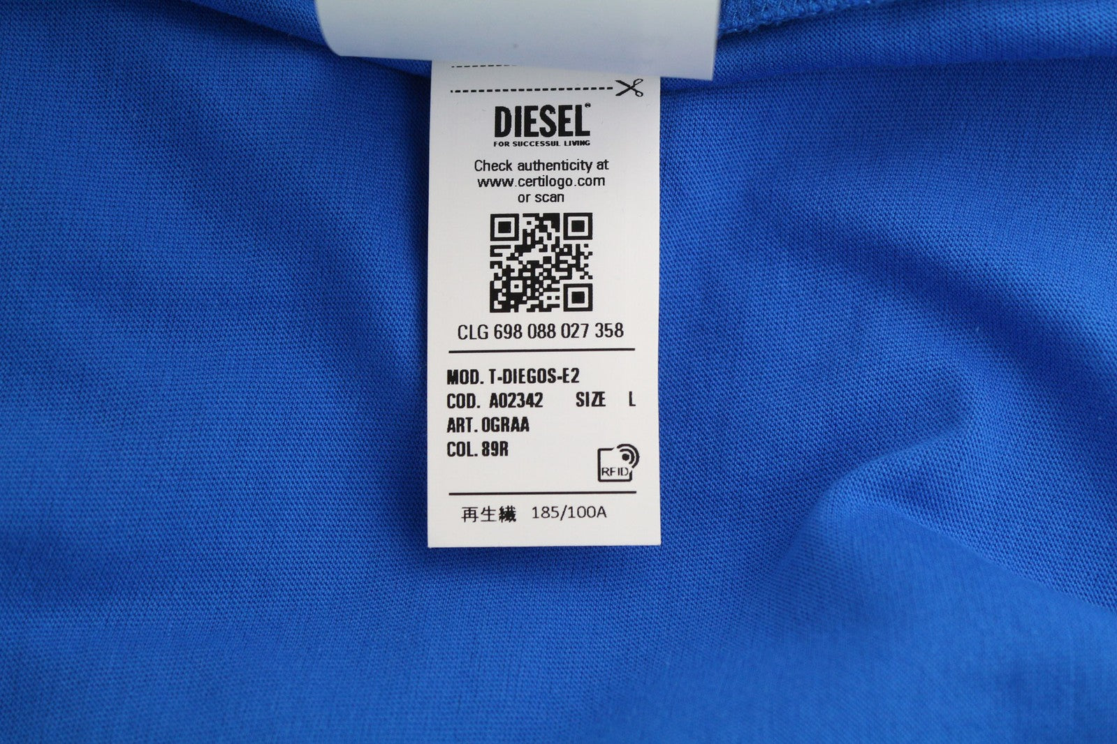 DIESEL T-Diegos-E2 Men T-Shirt L Short Sleeve Crew Neck Tricot Logo Casual Blue