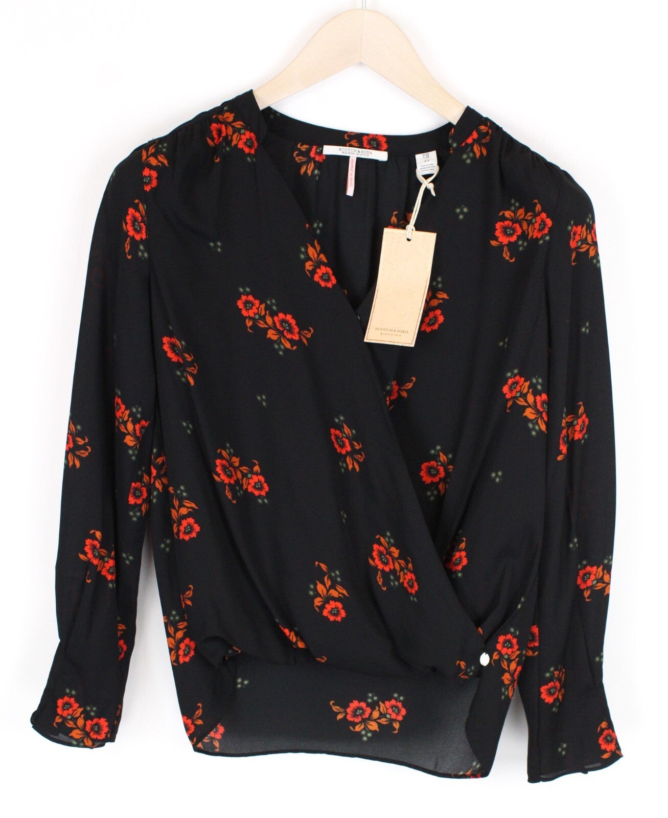 MAISON SCOTCH XS Women Floral Wrap Blouse Black Long Sleeved