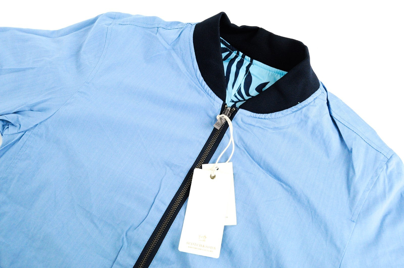 SCOTCH & SODA Reversible Jacket L Blue Cotton Linen Pattern Zip Men's Coat