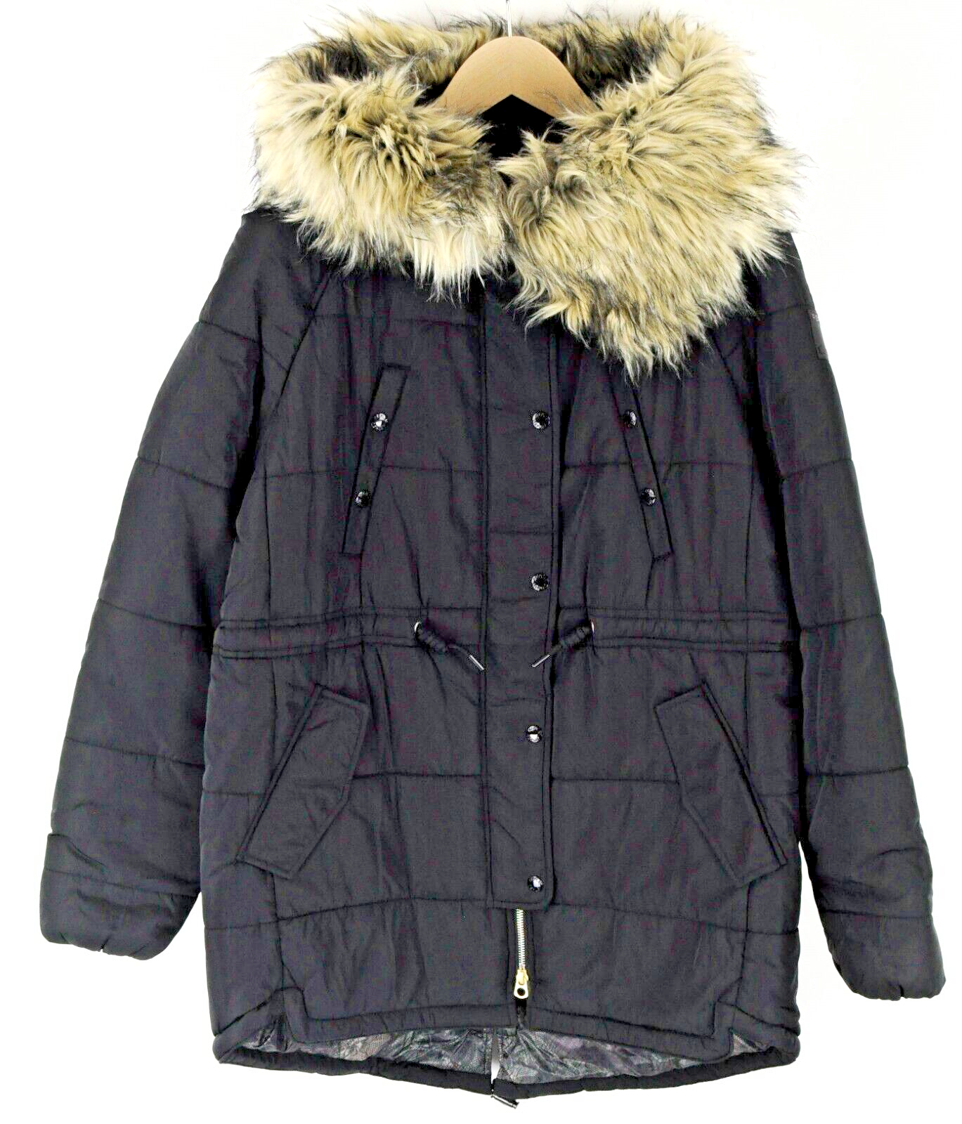 REPLAY Women Parka S Black Hooded Faux Fur Lined Long Coat