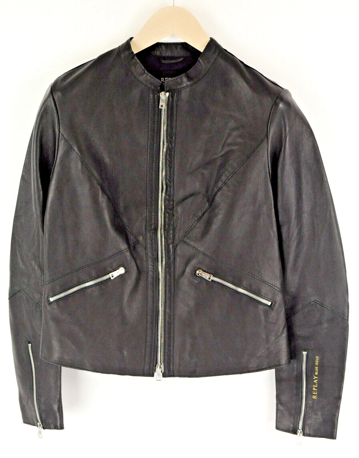 REPLAY Women Leather Jacket S Black Zipped Genuine Lambskin Long Sleeve