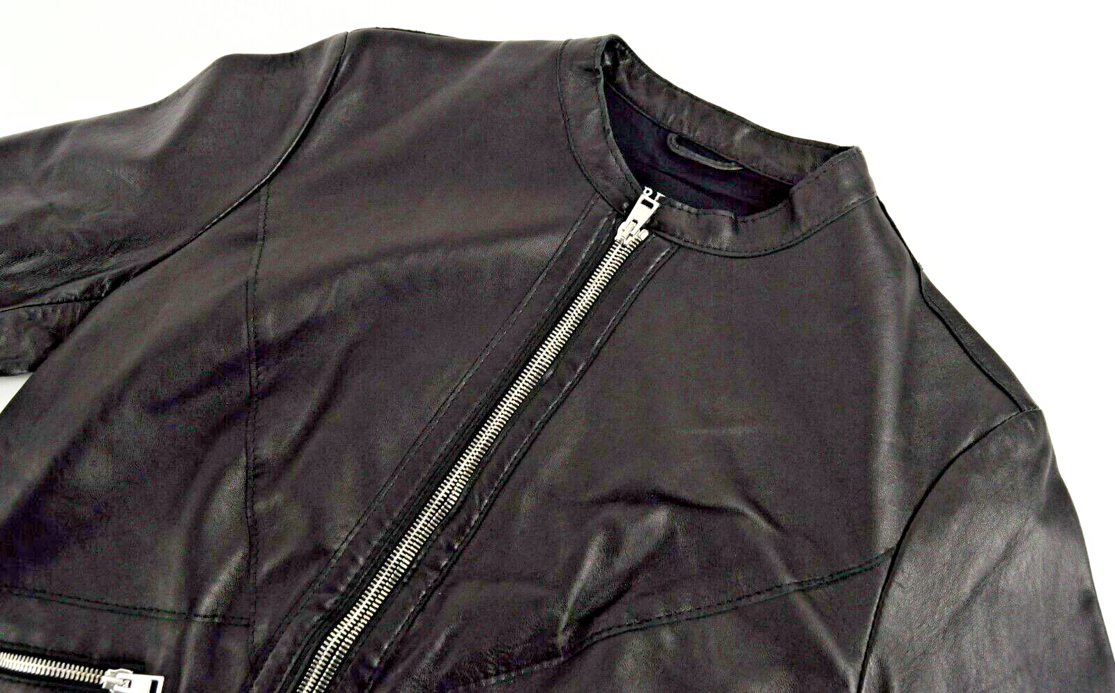 REPLAY Women Leather Jacket S Black Zipped Genuine Lambskin Long Sleeve