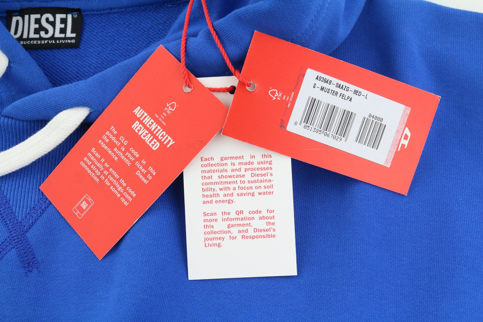 DIESEL S-Muster Mens Hoodie L Blue Oversized Pullover Hooded Pocket RRP150