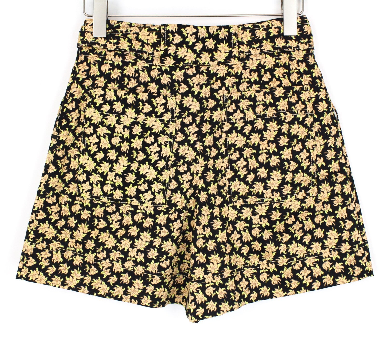 MAISON SCOTCH Women Black Floral Print Shorts S Zip Belted Cotton Stretch