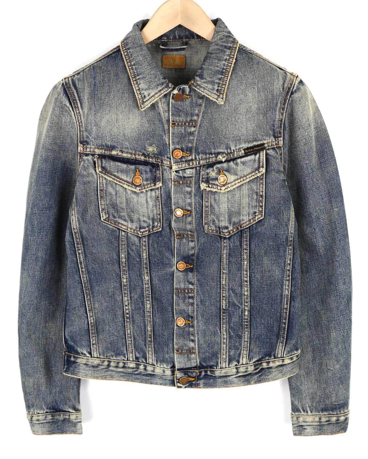 NUDIE Billy Mens Jacket S Shimmering Indigo Washed Ripped Button Up