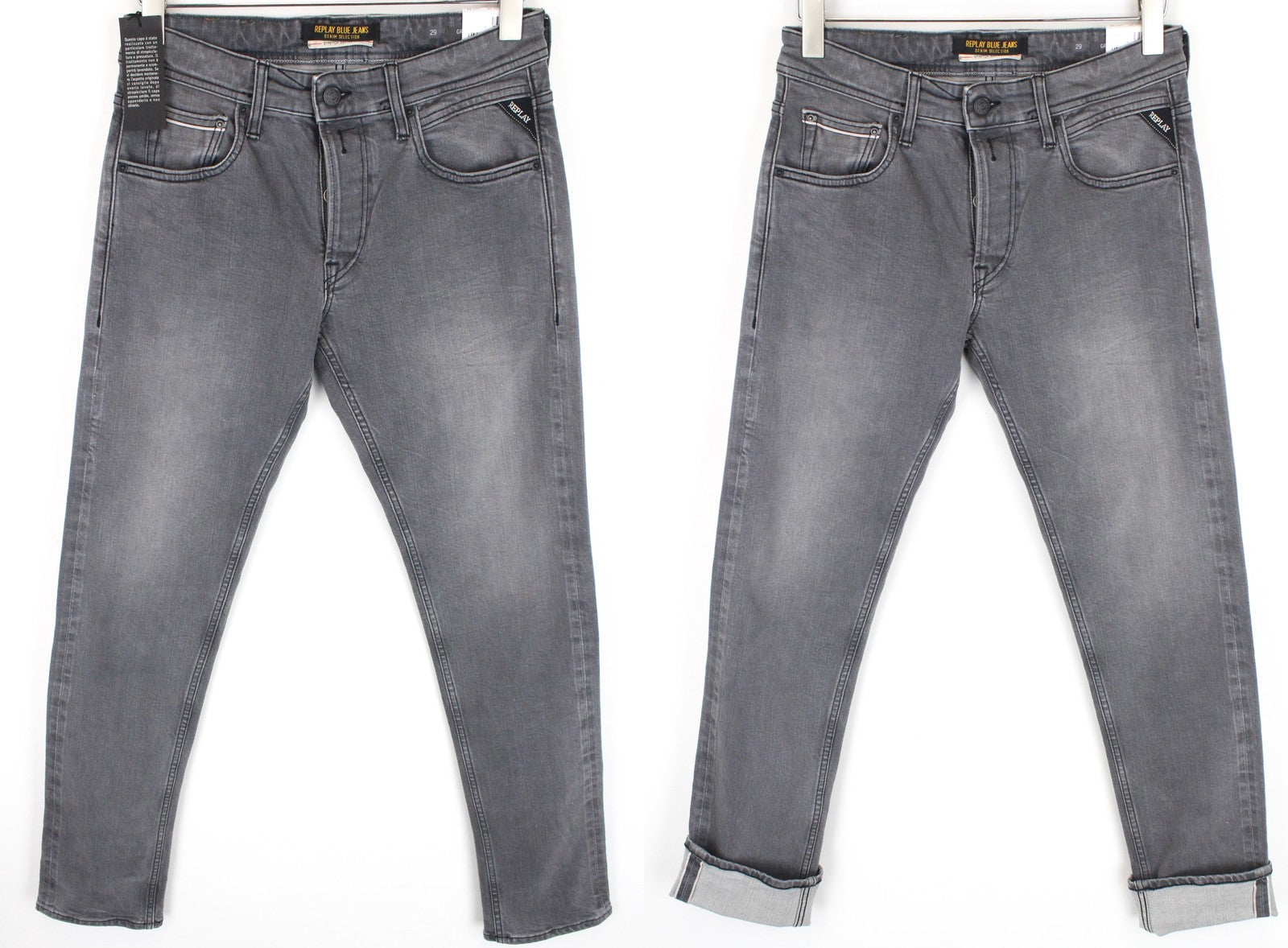 REPLAY Grover Men's Jeans W29/L32 Straight Fit Cotton Stretch Grey Selvedge