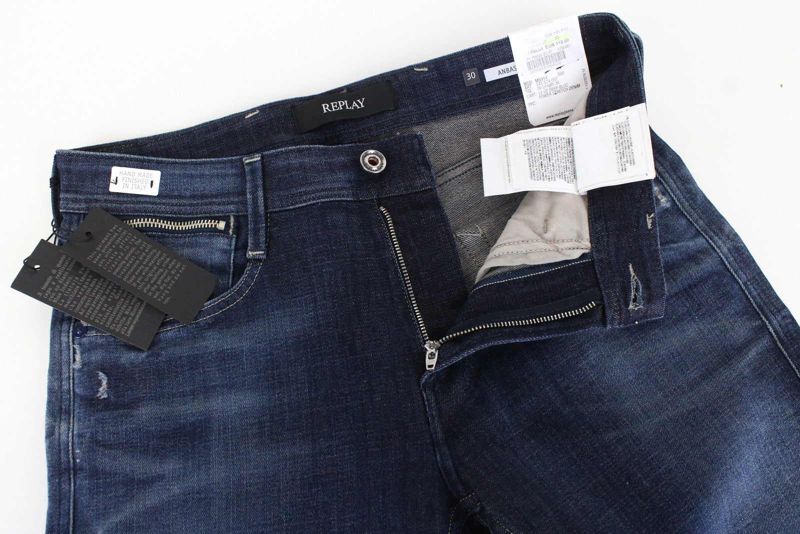 REPLAY Anbass Men's Jeans W30/L34 Slim Ft Cotton Stretch Dark Blue Washed Denim