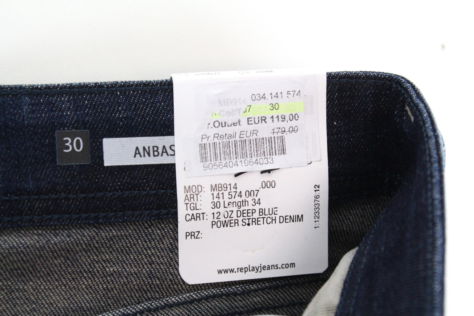 REPLAY Anbass Men's Jeans W30/L34 Slim Ft Cotton Stretch Dark Blue Washed Denim