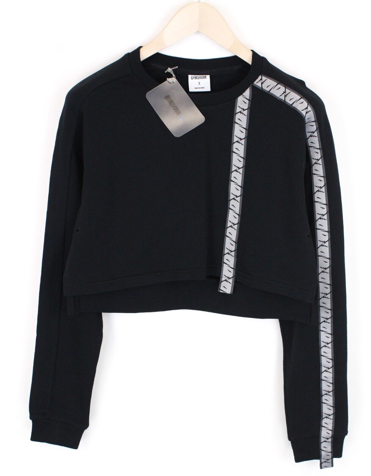 GYMSHARK Women Black Sweatshirt S Cropped Logo Long Sleeve Pullover