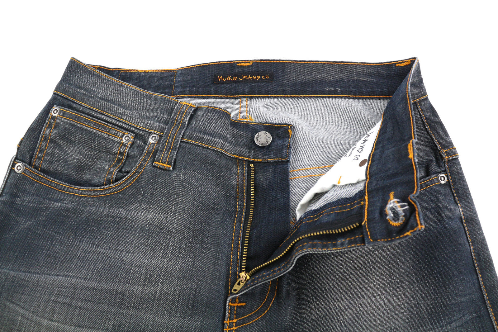 NUDIE JEANS Thin Finn Men Jeans W32/L32 Grey Authent Zipper Washed Dark Denim