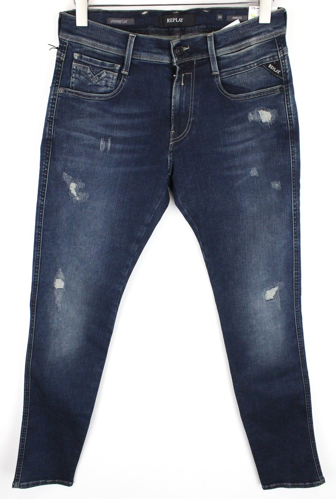 REPLAY Anbass Men's Jeans W30/L34 Slim Cotton Stretch Blue Distressed Wash