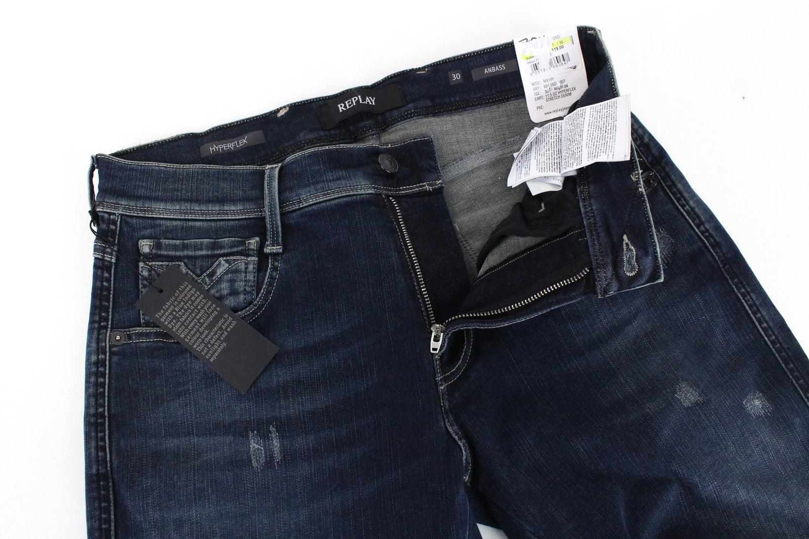 REPLAY Anbass Men's Jeans W30/L34 Slim Cotton Stretch Blue Distressed Wash