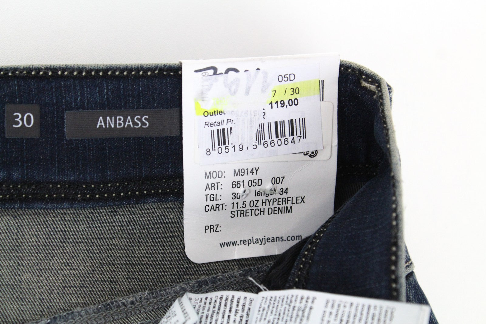 REPLAY Anbass Men's Jeans W30/L34 Slim Cotton Stretch Blue Distressed Wash