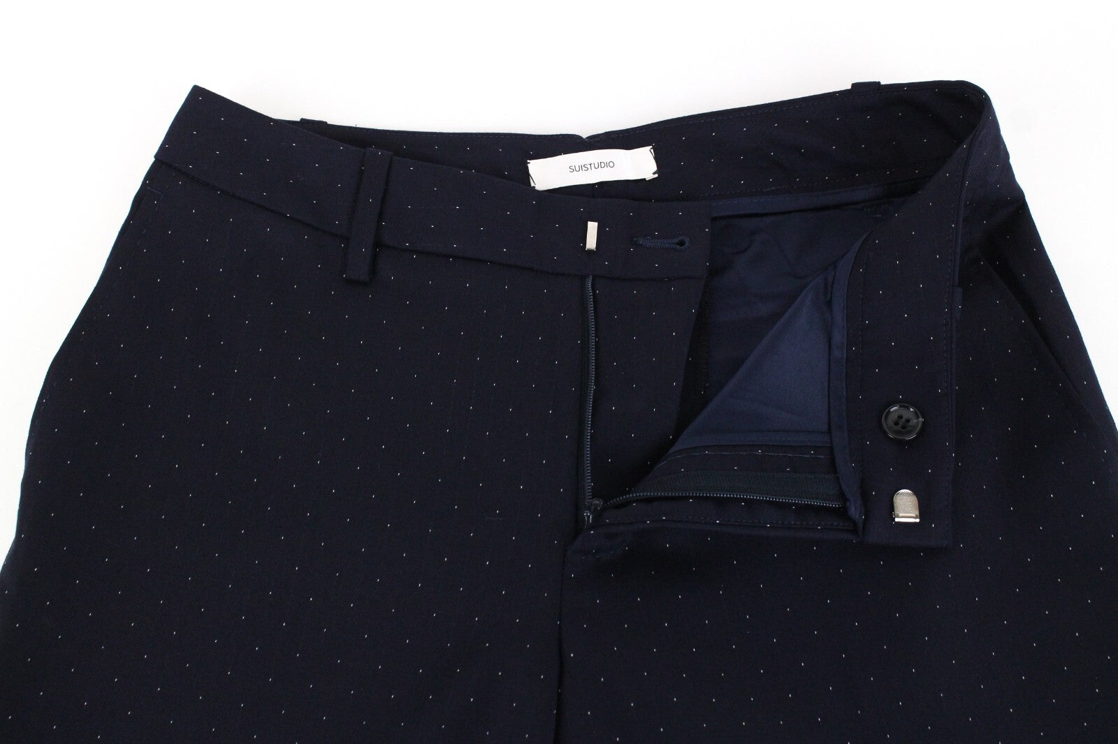 SUISTUDIO Grey Women's Trousers UK8 Navy Pure Wool Dot Patterned Pleated Formal